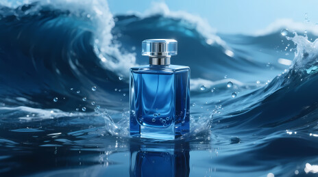 蓝色香水瓶与海浪