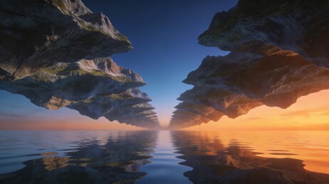 悬浮岩石山水倒影自然风光全景