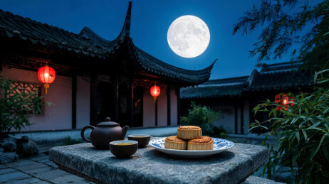 紫砂壶月饼与多盏红灯笼的深宅月夜