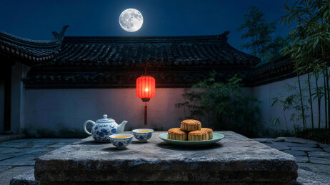 青花瓷茶具月饼与红灯笼的江南院落月夜