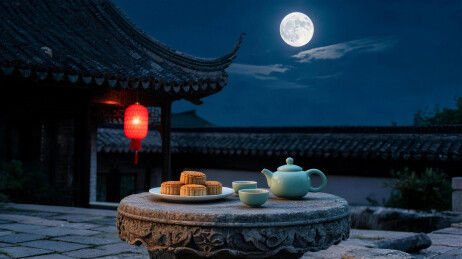青瓷茶壶月饼白盘与雕花圆石桌的夜院