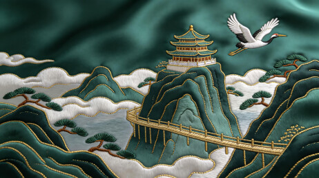 仙山楼阁仙鹤国风插画