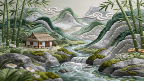 竹林溪涧村居国风插画