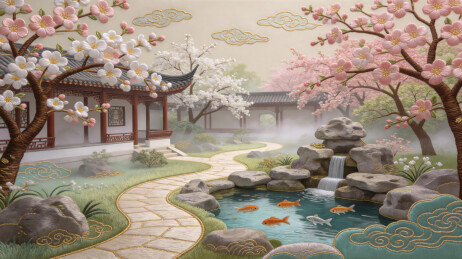 春日庭院桃花国风插画