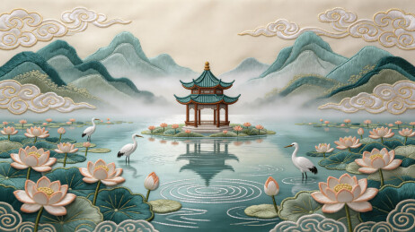 湖亭荷花白鹤国风插画