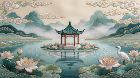 湖亭荷花山水国风插画