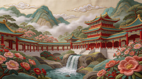 花海宫殿山水国风插画
