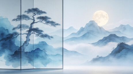 山水松月中式国风插画