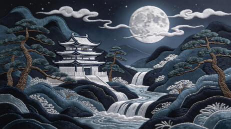 月夜古建山水国风插画