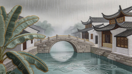 江南古桥民居国风插画