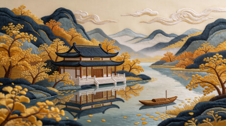 秋景山水古建国风插画