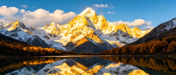雪山倒映在湖面，景色壮丽