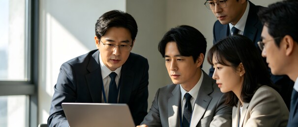 一群穿着正装的商务人士围着一台笔记本电脑讨论问题