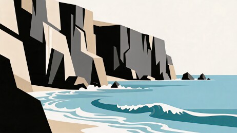 海岸悬崖插画展现海浪拍打礁石的自然风光场