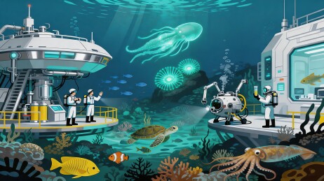 深海科研平台旁潜水员与珊瑚礁中海洋生物共