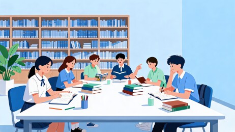 六名学生围坐白色长桌前在书架背景中专注学