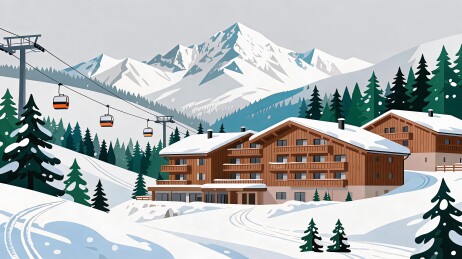 雪山木屋酒店与缆车滑雪度假胜地冬日风光