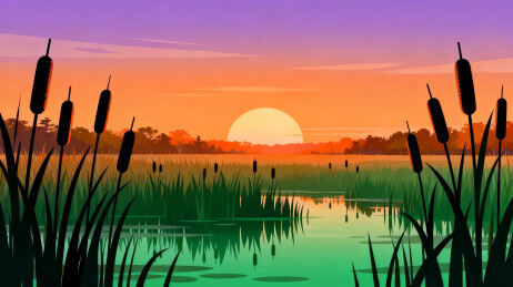 湖畔日落芦苇丛景