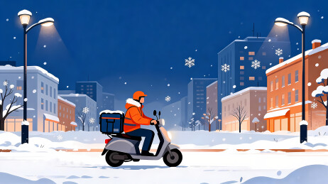 雪夜城市街道外卖骑手电动车配送