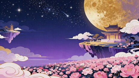 梦幻仙境夜景明月下的云海楼阁与荷花花海