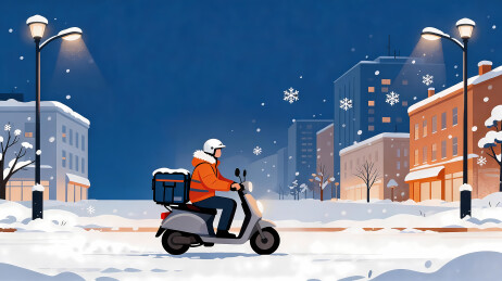 冬夜雪景中外卖骑手骑电动车穿行城市街道