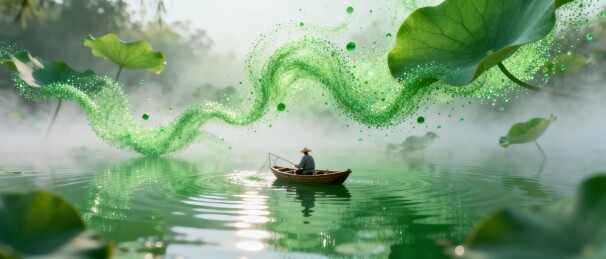 荷塘渔舟绿色粒子流国风背景