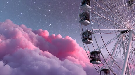 夜空下的摩天轮与粉色云彩