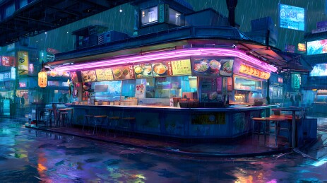 霓虹雨夜街头小吃摊