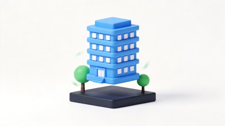 蓝色多层建筑绿色树木白色背景
