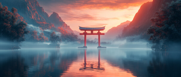 日式鸟居唯美日落湖面风景