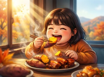 秋日暖阳下吃烤红薯的小女孩