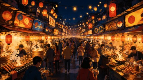 夜市小吃街升腾烟火气的美味天堂