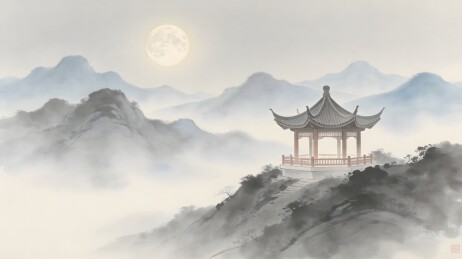 明月高悬山间亭阁水墨画