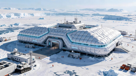 雪原科研站白色模块化建筑配蓝光与卫星天线