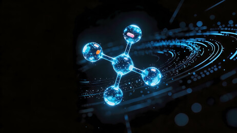 蓝色发光分子结构模型悬浮光轨粒子流动科技