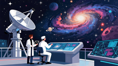 科研人员在太空观测站控制室操作望远镜设备