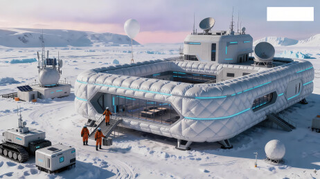 雪地科研站外景，橙衣人员与卫星天线及履带
