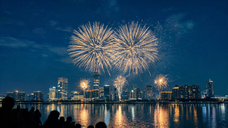 两朵巨型烟花照亮都市夜空