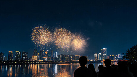 观景人群仰望三朵金花的跨年夜