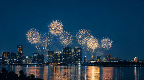 九朵烟花齐放的城市跨年夜全景