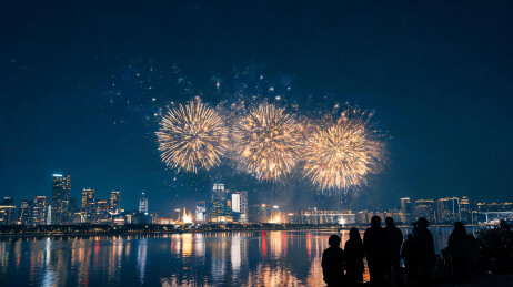 三朵巨响烟花与观景人群的跨年夜