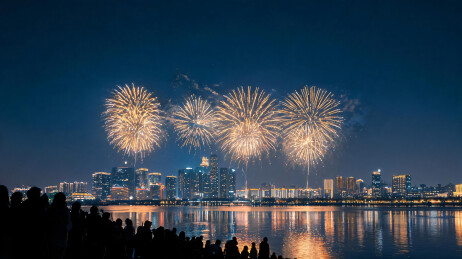 四连发金花横跨城市夜空的跨年