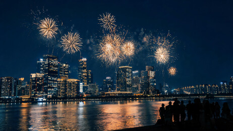 手机记录烟花的人群与都市倒影夜景
