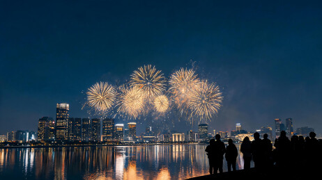 烟花群照亮两岸楼宇的跨年盛典