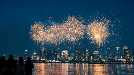 四朵烟花横列的都市跨年夜