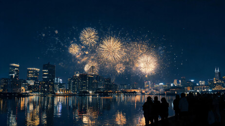 烟花碎星洒落都市夜空的跨年夜