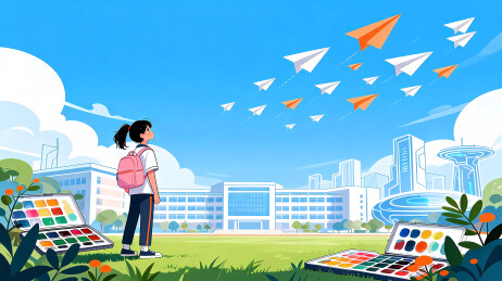 校园草坪女孩放飞纸飞机艺术场景