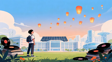 少年仰望孔明灯，前景黑胶书本，背景现代建
