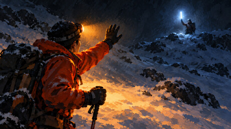 夜间雪坡上挥手回应信号的登山者