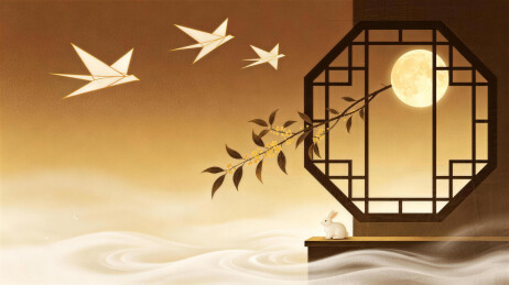 中式窗景月夜飞鸟
